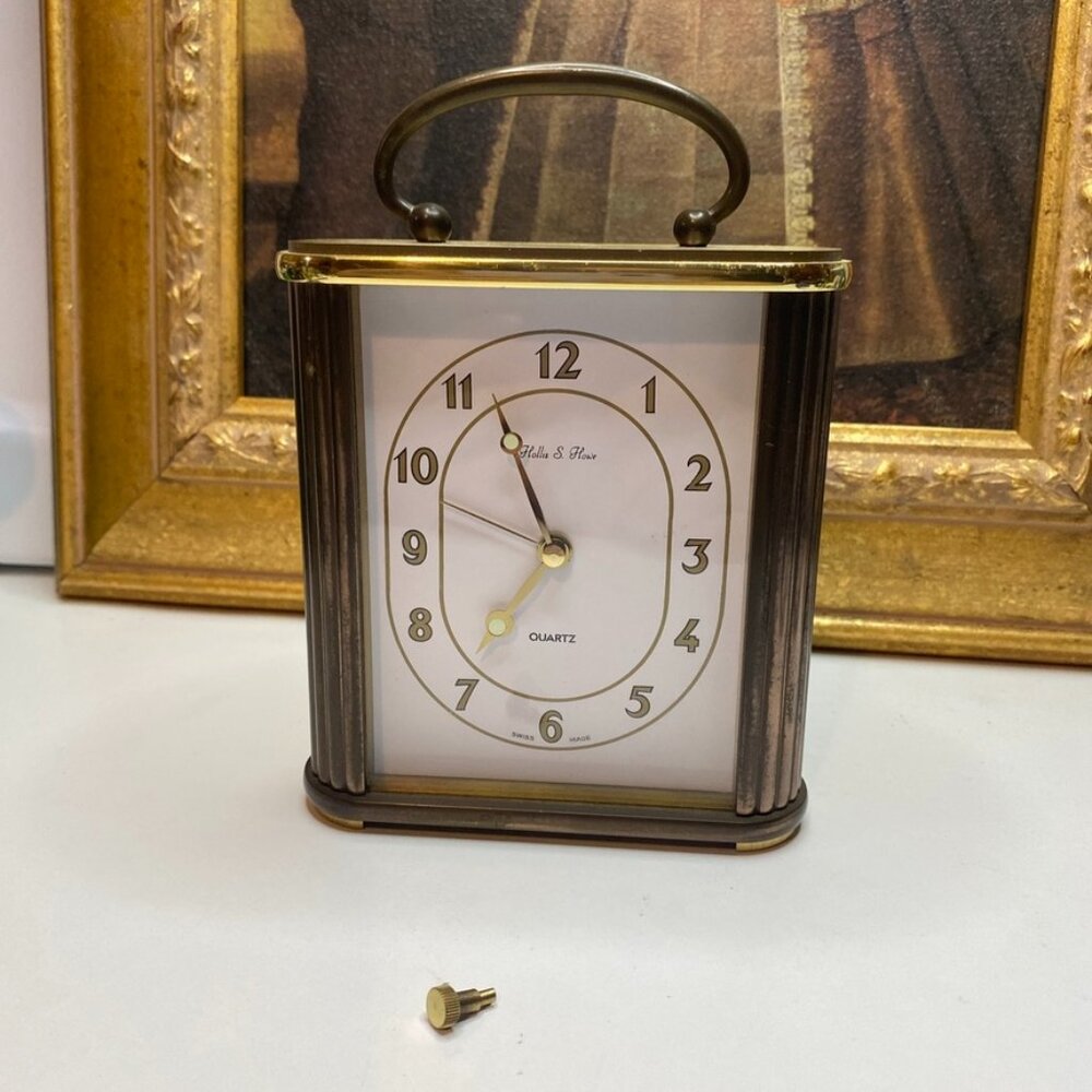 Vintage Hollis S. Howe Table Carriage Clock Metal Brass Quartz Swiss Made As Is